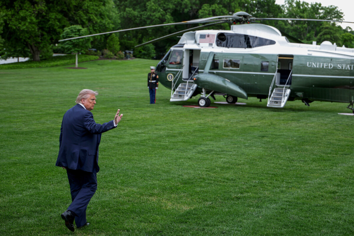President Donald Trump walks toward Marine One after he spoke to members of the media prior to a South Lawn departure from the White House on May 8, 2026. (Alex Wong/Getty Images)