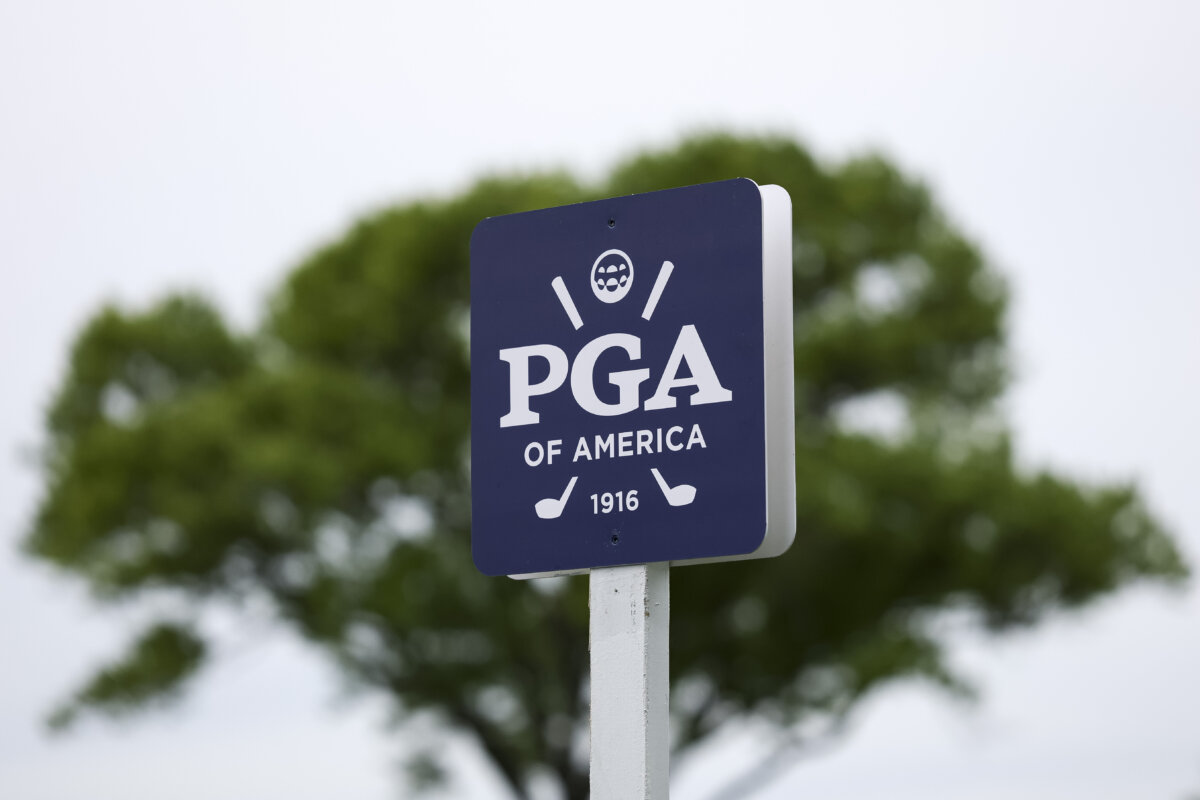 A general view of signage on the 18th green during a practice round prior to the PGA Championship at Aronimink Golf Club in Newtown, Pa., on May 11, 2026. (Emilee Chinn/Getty Images)