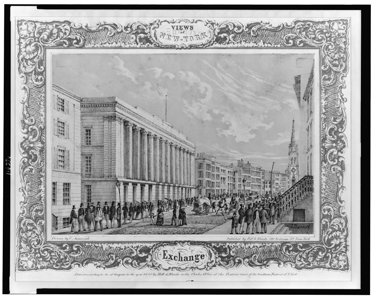 Print shows an exterior view of the Stock Exchange, New York City, published circa 1850. Library of Congress. (Public Domain)