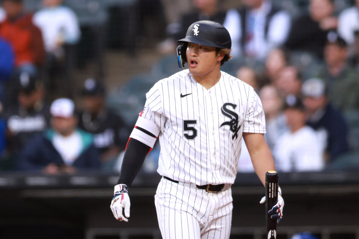 Munetaka Murakami of the White Sox reacts after striking out against the Kansas City Royals at Rate Field in Chicago on May 12, 2026. (Geoff Stellfox/Getty Images)