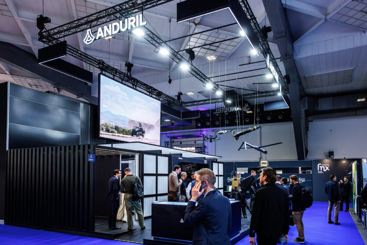 Anduril’s booth during the inaugural edition of the Brussels European Defence Exhibition & Conference in Brussels on March 12, 2026. (Omar Havana/Getty Images)