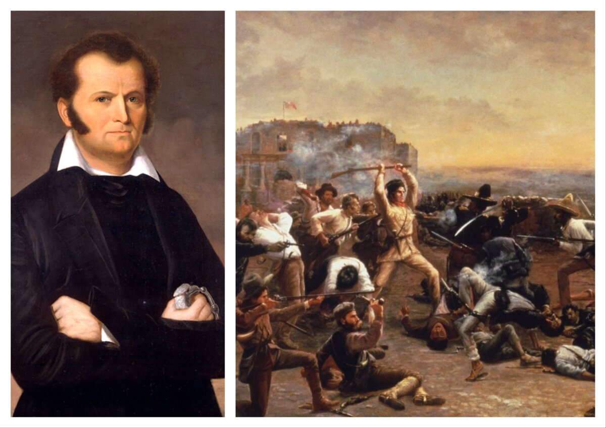 (Left) James Bowie, in the only known portrait of him, died during the Battle at the Alamo. (Right) "The Fall of the Alamo," 1903, by Robert Jenkins Onderdonk. (Public Domain)