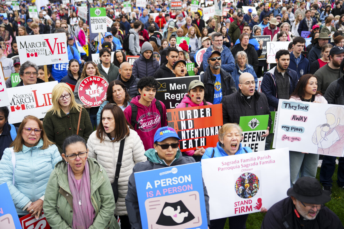 People take part in the March For Life on Parliament Hill in Ottawa on May 14, 2026. (The Canadian Press/Sean Kilpatrick)