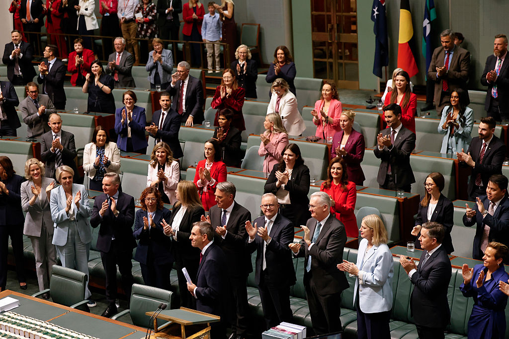Australian Treasurer Jim Chalmers delivers the 2026-27 Federal Budget at Parliament House in Canberra, Australia on May 12, 2026. (Hilary Wardhaugh/Getty Images)