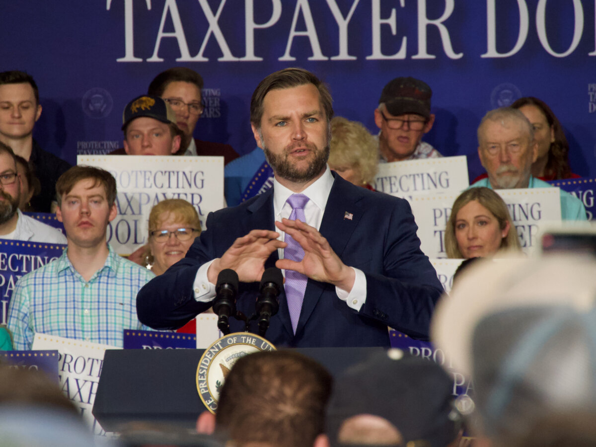 Vice President JD Vance speaks about protecting taxpayers and rooting out fraud during a rally in Bangor, Maine, on May 14, 2026. (Travis Gillmore/The Epoch Times)