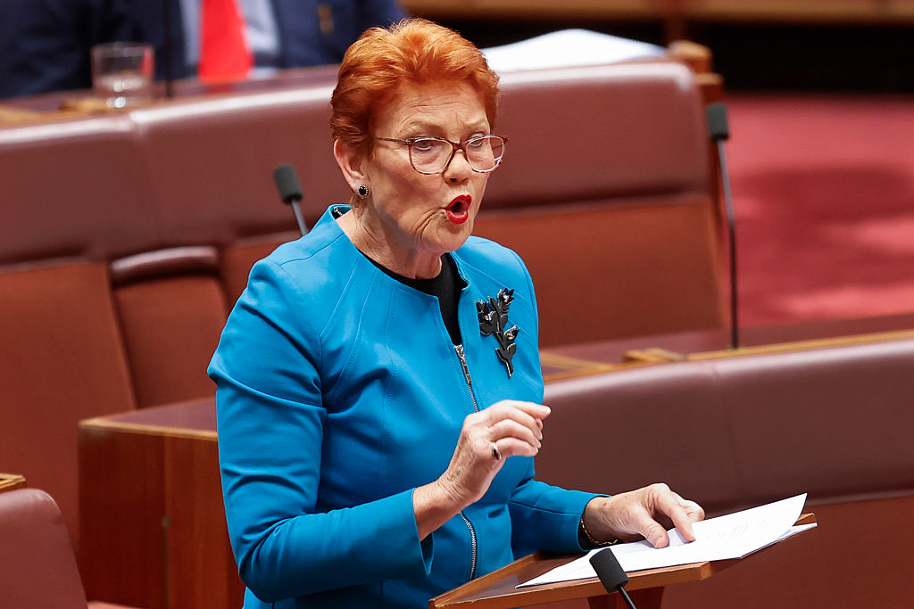 One Nation Leader Pauline Hanson addresses the Senate at Parliament House in Canberra, Australia on May 14, 2026. (Hilary Wardhaugh/Getty Images)