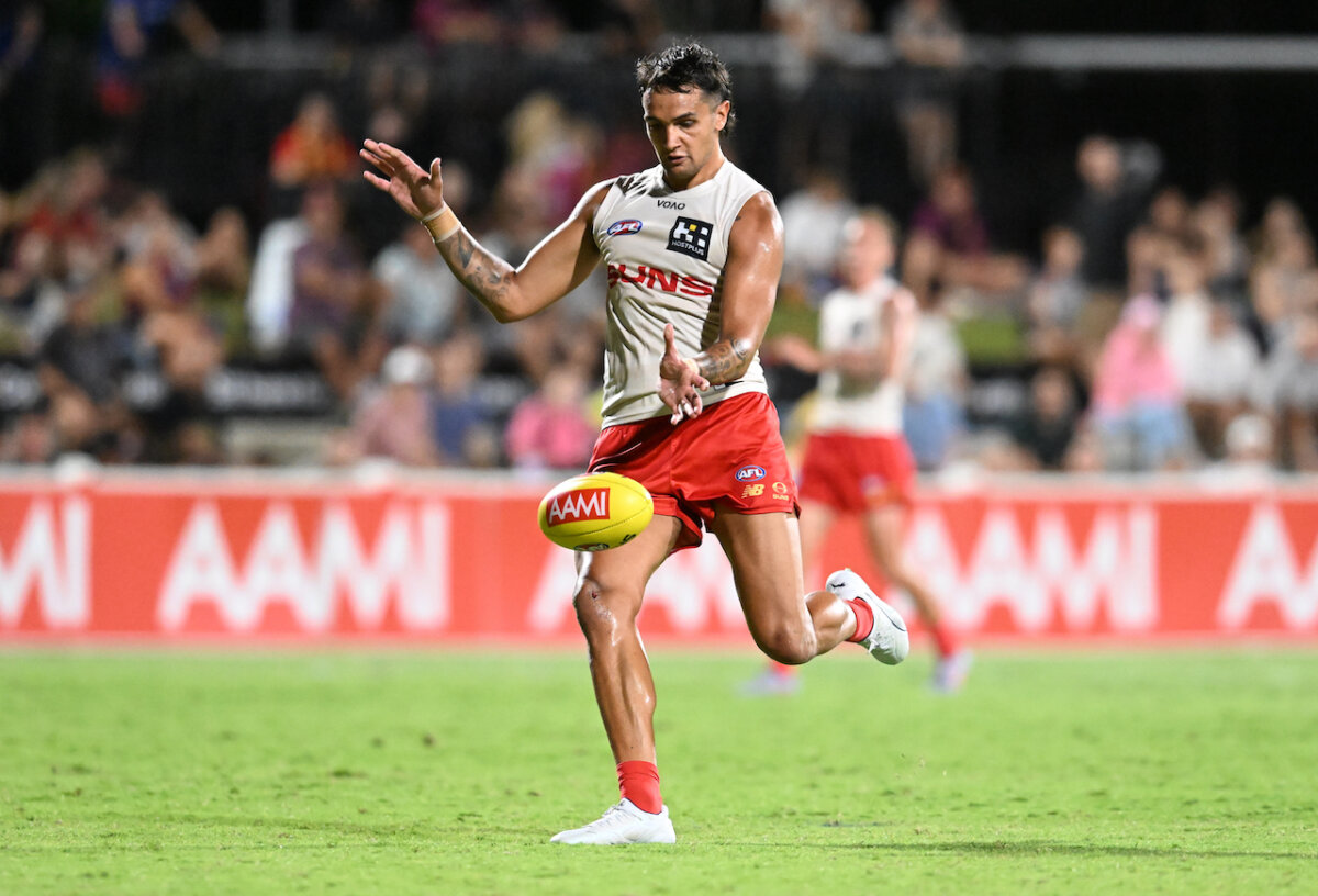 Jamarra Ugle-Hagan of the Suns kicks a goal during the AFL Community Series match between the Brisbane Lions and the Gold Coast Suns at Brighton Homes Arena, in Brisbane on Feb. 26, 2026. (AAP Image/Darren England)