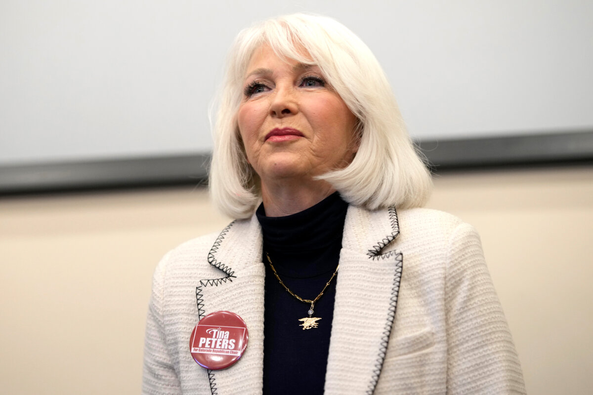 Candidate Tina Peters speaks during a debate for the state leadership position in Hudson, Colo., on Feb. 25, 2023. (David Zalubowski/AP Photo)