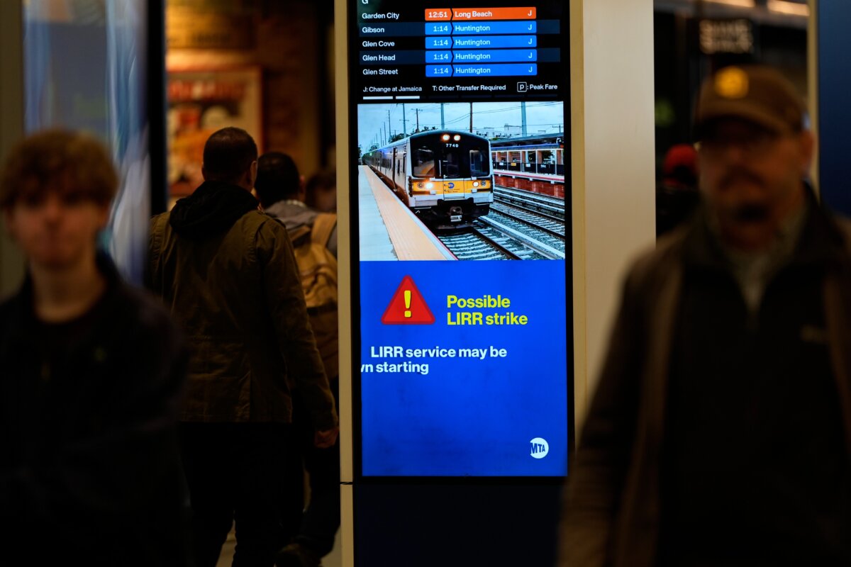 A sign warns commuters of a potential Long Island Rail Road strike at Penn Station in New York City on May 14, 2026. (Seth Wenig/AP Photo)
