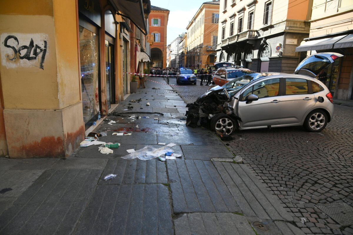 The aftermath of a car having driven into a crowd and injured at least eight people in Modena, Italy, on May 16, 2026. (Lapresse via AP)