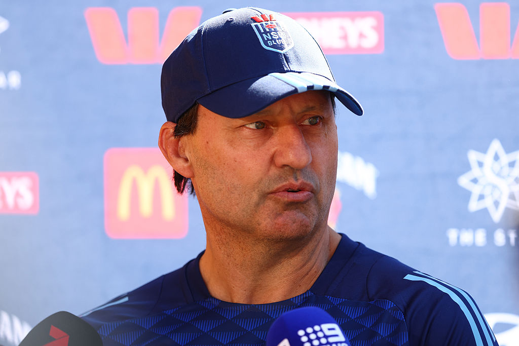 New South Wales (NSW) Blues coach Laurie Daley speaks to the media during the NSW Blues State Of Origin squad Captain's Run at Suncorp Stadium in Brisbane, Australia on May 27, 2025. (Chris Hyde/Getty Images)
