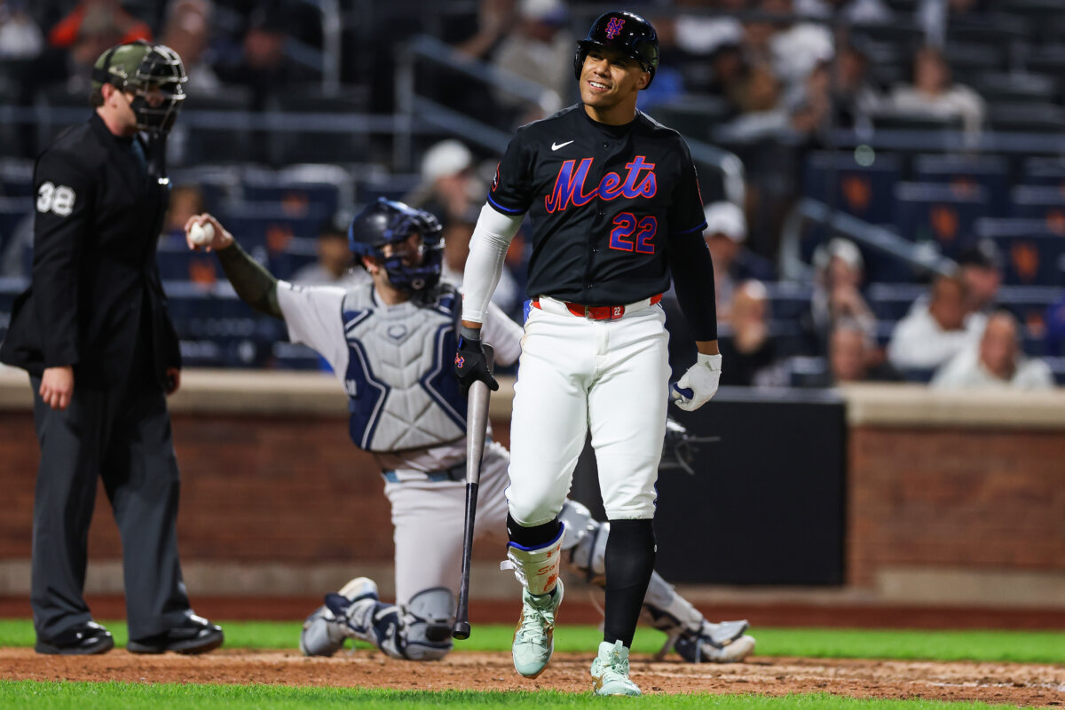 Juan Soto of the New York Mets reacts after an at bat during the 9th inning against the New York Yankees at Citi Field in the Queens borough of New York City on May 15, 2026. (Ishika Samant/Getty Images)