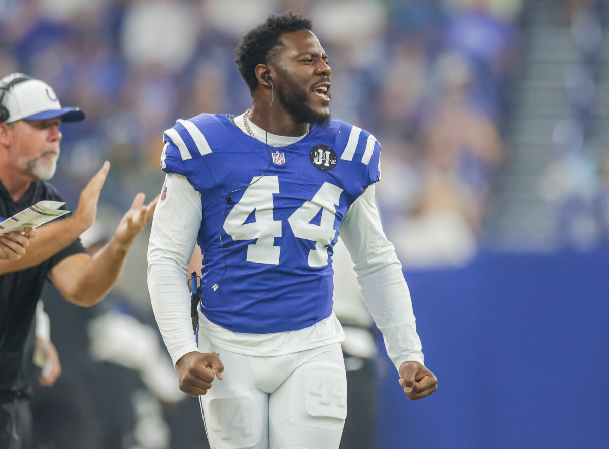 Zaire Franklin #44 of the Indianapolis Colts reacts during the NFL Preseason 2025 game between Green Bay Packers and Indianapolis Colts at Lucas Oil Stadium in Indianapolis, Indiana, on August 16, 2025. (Michael Hickey/Getty Images)