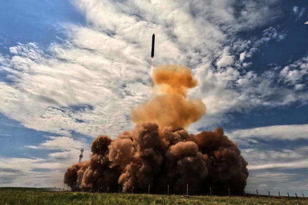 Russia's new Sarmat intercontinental ballistic missile is test launched at an unspecified location in Russia in this image made from video provided by Russian Defense Ministry Press Service on May 12, 2026,. (Russian Defense Ministry Press Service via AP)