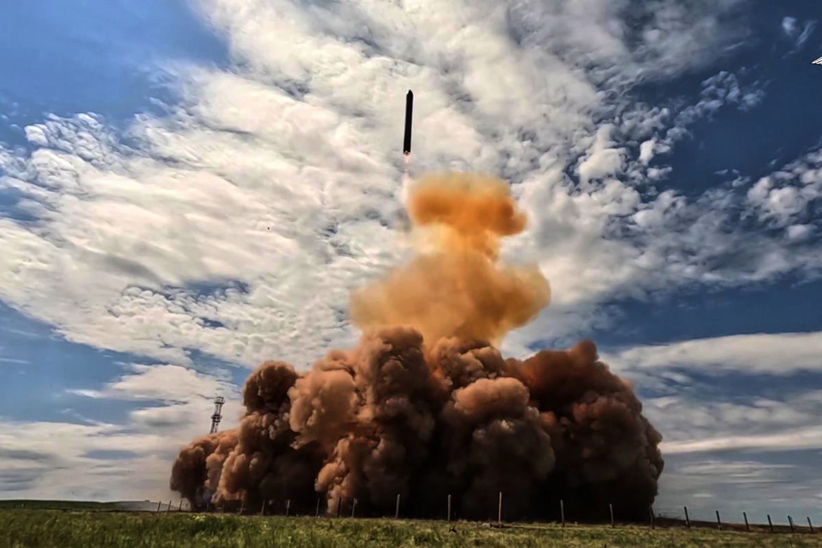 Russia's new Sarmat intercontinental ballistic missile is test launched at an unspecified location in Russia, in this image made from video provided by Russia on May 12, 2026. (Russian Defense Ministry Press Service via AP)