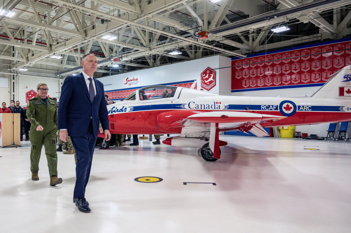 David J. McGuinty, Minister of National Defence, leaves following a press conference regarding the future of the 431 Air Demonstration Squadron, the Canadian Forces Snowbirds in Moose Jaw, Sask., on May 19, 2026. (The Canadian Press\Liam Richards)