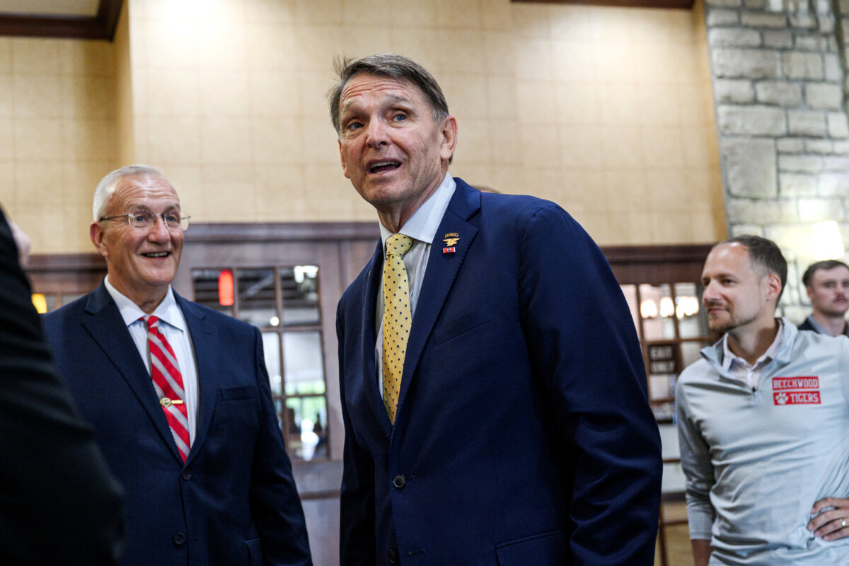 Ed Gallrein, Republican congressional candidate for Kentucky, speaks with supporters ahead of an America First Workers Special Event in Hebron, Ky., on May 18, 2026. (Jon Cherry/Getty Images)