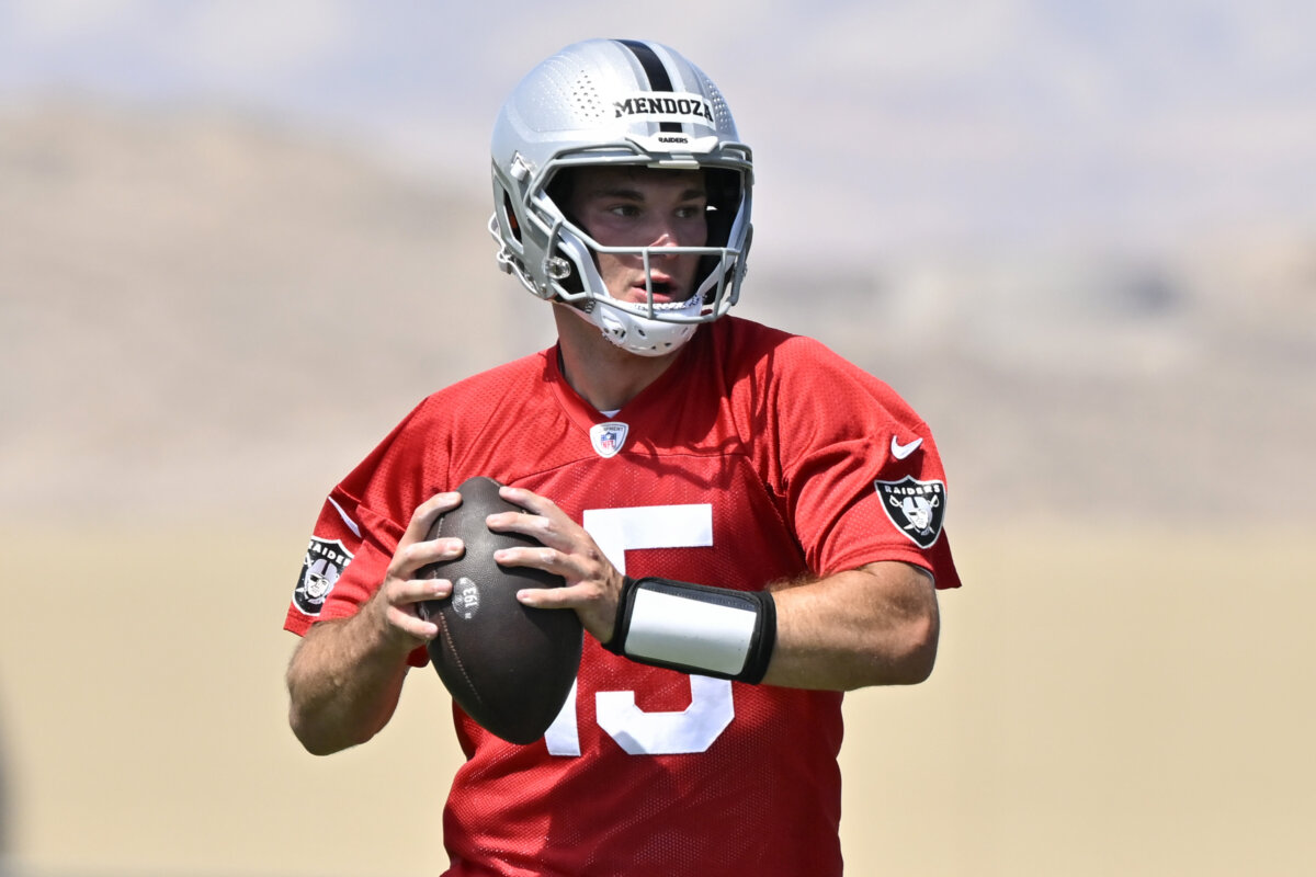 Fernando Mendoza #15 of the Las Vegas Raiders looks to pass during the team's rookie minicamp at the Las Vegas Raiders Headquarters/Intermountain Health Performance Center in Henderson, Nevada, on May 2, 2026. (David Becker/Getty Images)