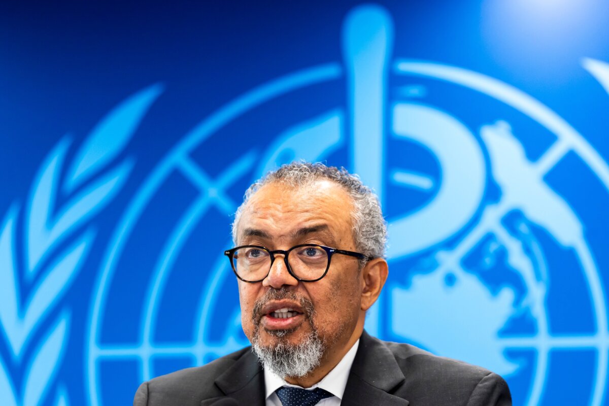 World Health Organization Director-General Tedros Adhanom Ghebreyesus speaks to reporters following an emergency committee meeting, at its headquarters in Geneva on May 20, 2026. (Salvatore Di Nolfi/Keystone via AP)