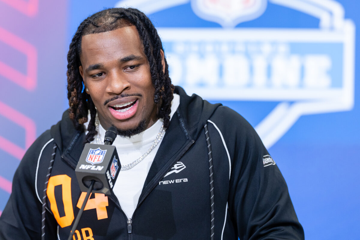 Jonah Coleman of the Washington Huskies speaks to the media during the 2026 NFL Draft Combine at the Indiana Convention Center in Indianapolis, Indiana, on February 27, 2026. (Michael Hickey/Getty Images)
