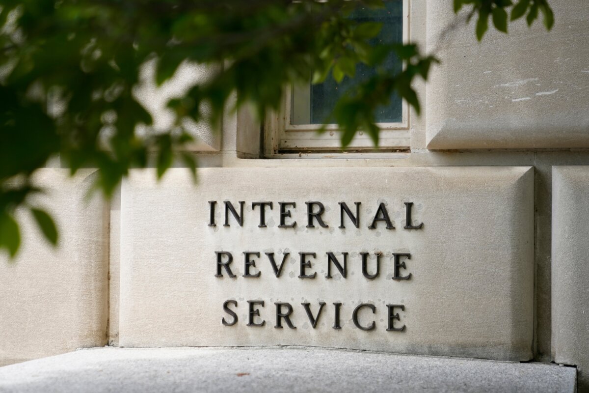 A sign outside the Internal Revenue Service building is photographed May 4, 2021, in Washington. (AP/Patrick Semansky)
