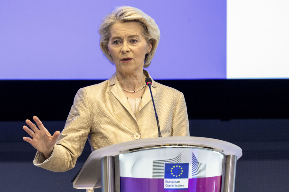 European Commission President Ursula von der Leyen addresses the audience during the conference "One Year After the Draghi Report" at the EU Charlemagne building in Brussels, Belgium, on Sept. 16, 2025. (Omar Havana/Getty Images)