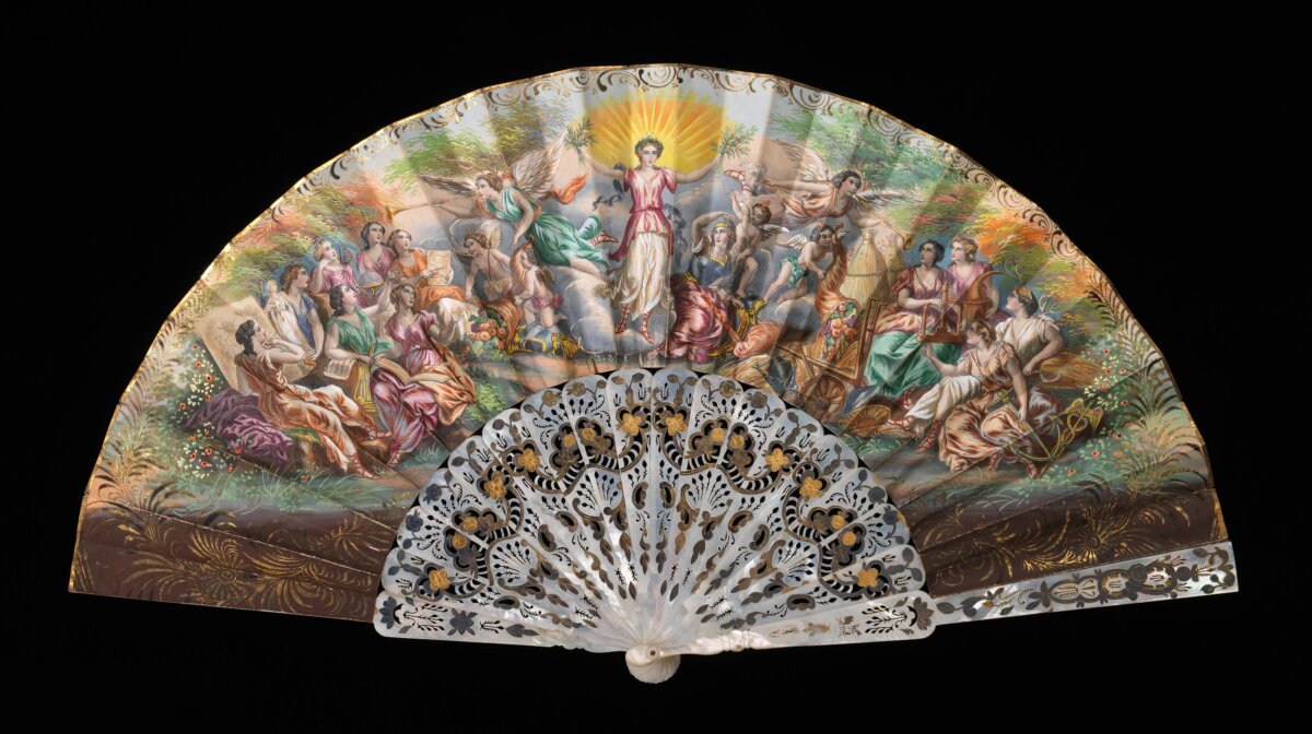 Classical, mythological, and heavenly imagery were popular on Victorian-era fans, and this painted scene, with its central figure ringed by a golden sunburst and winged allegorical figures among the clouds, is a fine example of that romantic aesthetic. Metropolitan Museum of Art, New York City. (Public Domain)