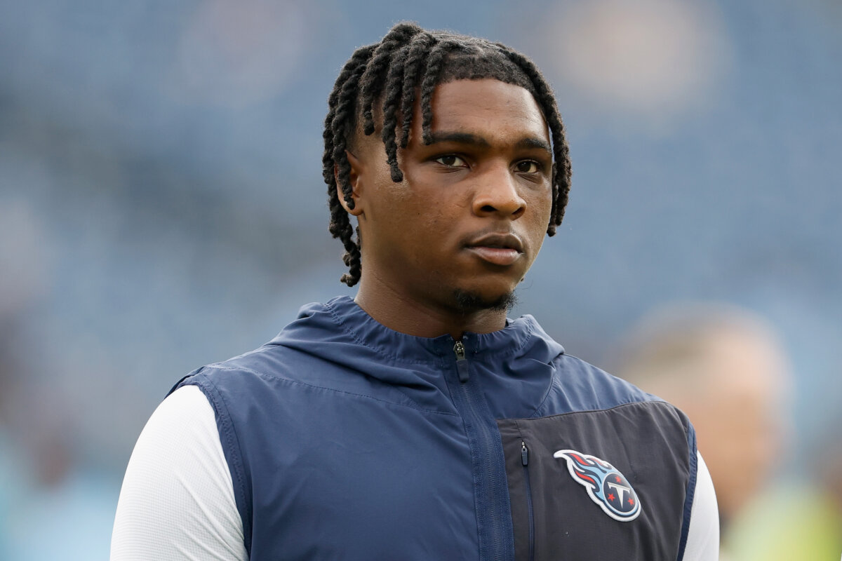 Cam Ward #1 of the Tennessee Titans looks on prior to the game against the New Orleans Saints at Nissan Stadium in Nashville, Tennessee, on December 28, 2025. (Wesley Hitt/Getty Images)
