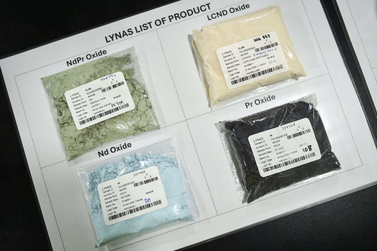 Samples of rare earth compounds during a visit of the facility of Australian mining firm Lynas in eastern Malaysia's Gebeng, on April 8, 2026. (Arif Kartono/AFP via Getty Images)