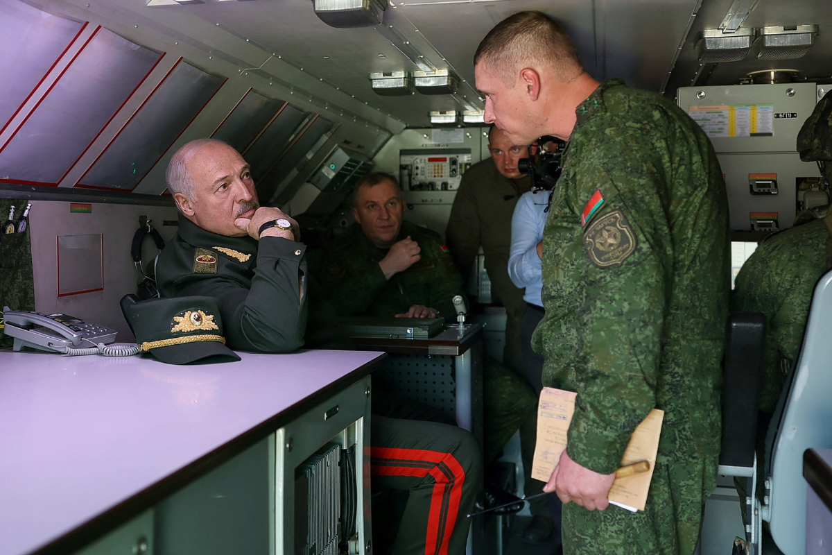 Belarusian President Alexander Lukashenko visits a missile brigade of the Armed Forces during joint Russian-Belarusian nuclear exercises, in the Asipovichy district, Mogilev region, Belarus, on May 21, 2026. (President of the Republic of Belarus/Handout via Reuters)