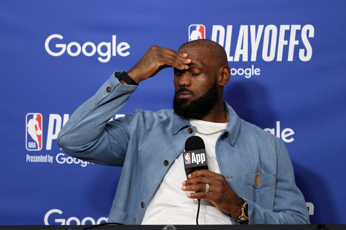 LeBron James, #23 of the Los Angeles Lakers, speaks to the media during a press conference after the game against the Oklahoma City Thunder in Game Four of the second round of the NBA Western Conference Playoffs at Crypto.com Arena in Los Angeles on May 11, 2026. (Luke Hales/Getty Images)