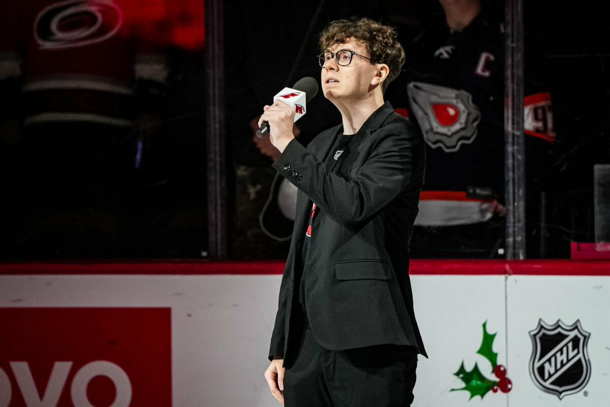 Mason Greer sings the Canadian National anthem before a Carolina Hurricane game against the Edmonton Oilers in Raleigh, North Carolina on Nov. 22, 2023, (The Canadian Press/Handout - Josh Lavelle)