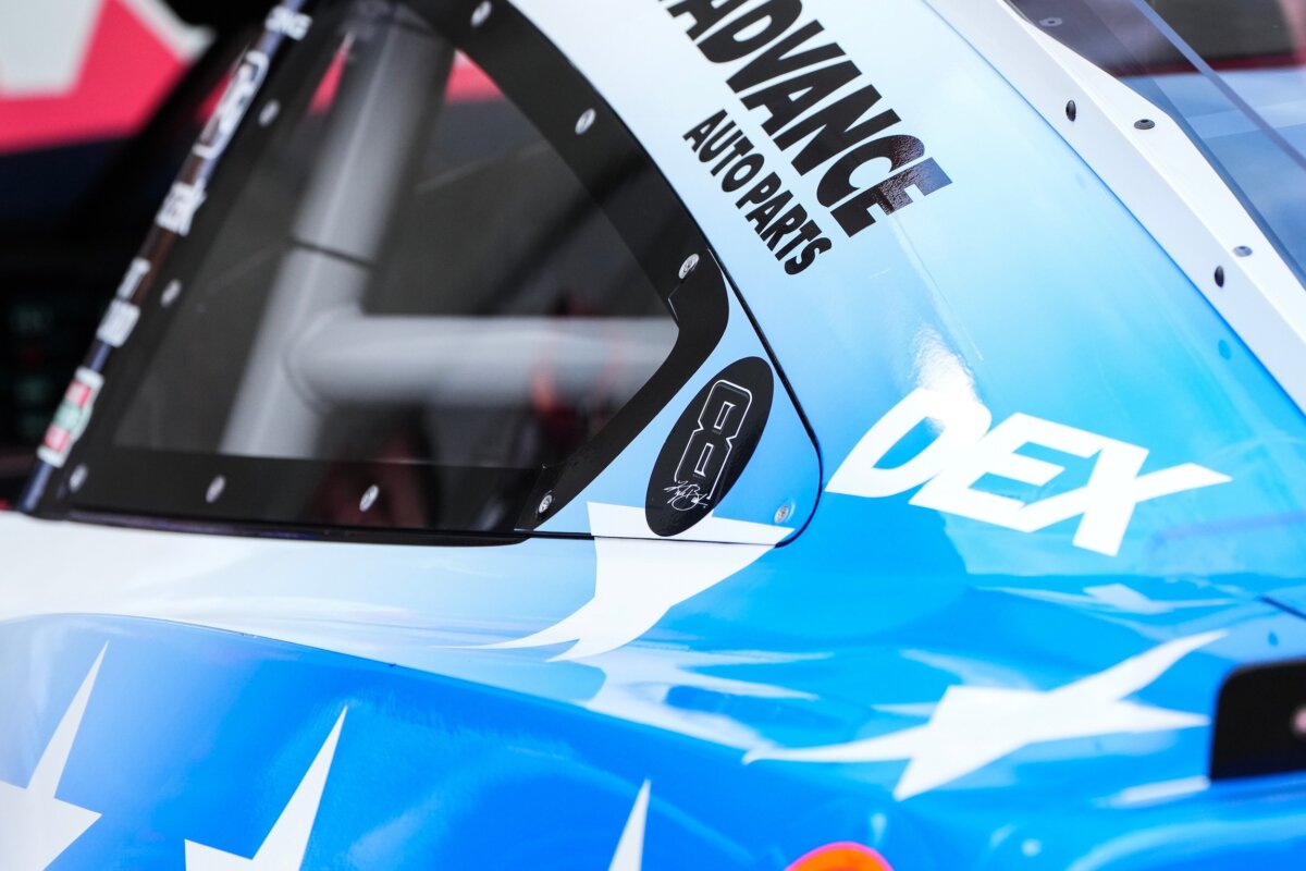 A decal is displayed on Denny Hamlin's car in honor of late driver Kyle Busch prior to a NASCAR Cup Series auto race, in Charlotte, N.C., on May 24, 2026. (Matt Kelley/AP Photo)
