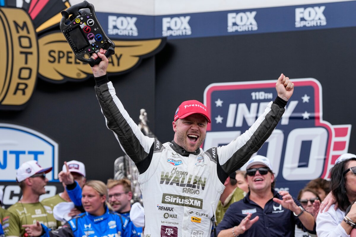 Felix Rosenqvist, center, of Sweden, celebrates after winning the Indianapolis 500 auto race at Indianapolis Motor Speedway in Indianapolis on May 24, 2026. (Michael Conroy/AP Photo)