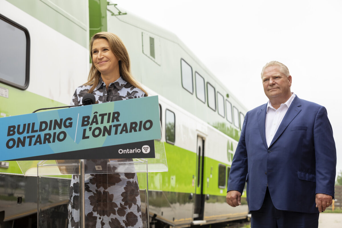 Ontario Premier Doug Ford makes a GO Transit announcement with then-Minister of Transportation Caroline Mulroney in Niagara Falls, Ont., Aug. 26, 2022. (Tara Walton/The Canadian Press)