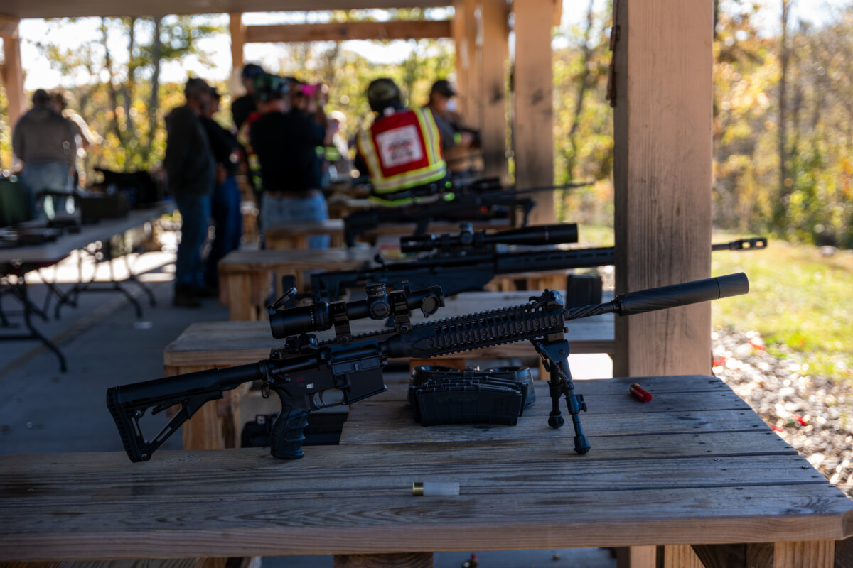 Guns sit on a table at a shooting range in Greeley, Pennsylvania, on Oct. 10, 2025. (Spencer Platt/Getty Images)