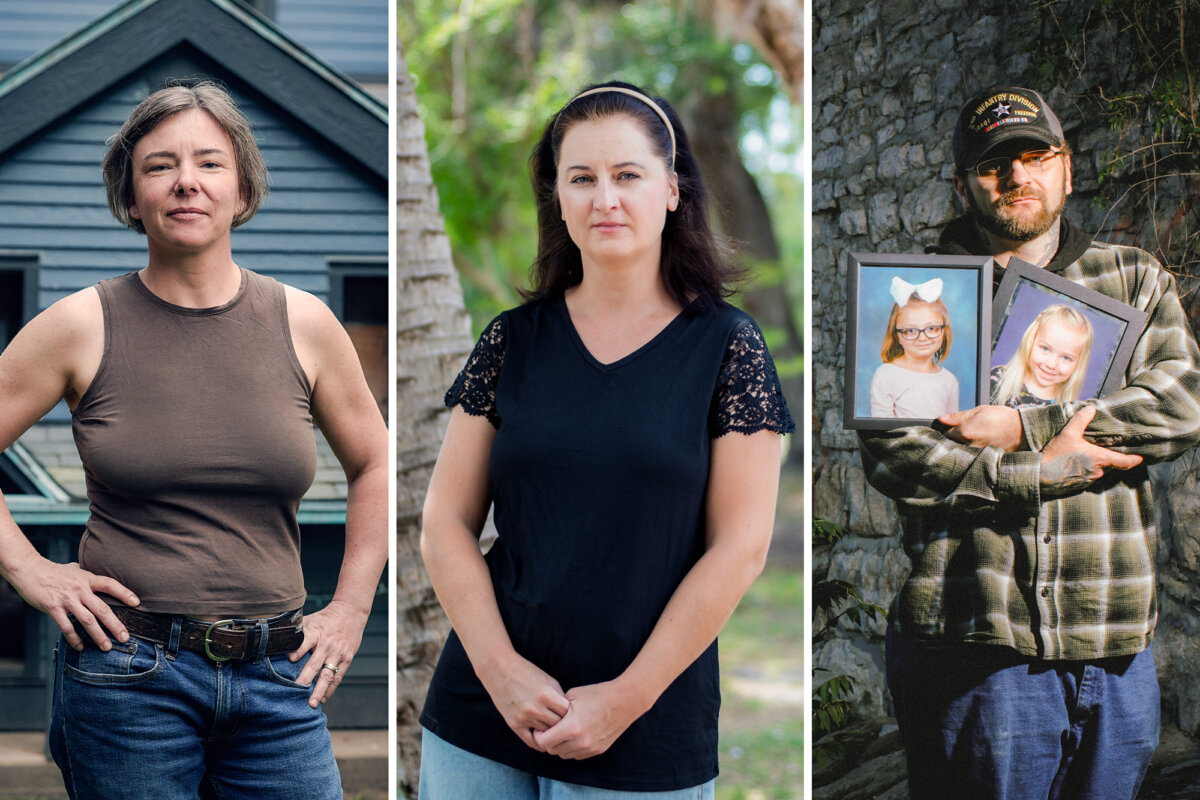 Parents (L–R) Jeanette Cooper, Alexandra Lyaschenko, and Ryan Clarke had their children taken away from them. (Nathaniel Smith for The Epoch Times, Courtesy of Andrly Lyaschenko, Matt Wittmeyer for The Epoch Times)