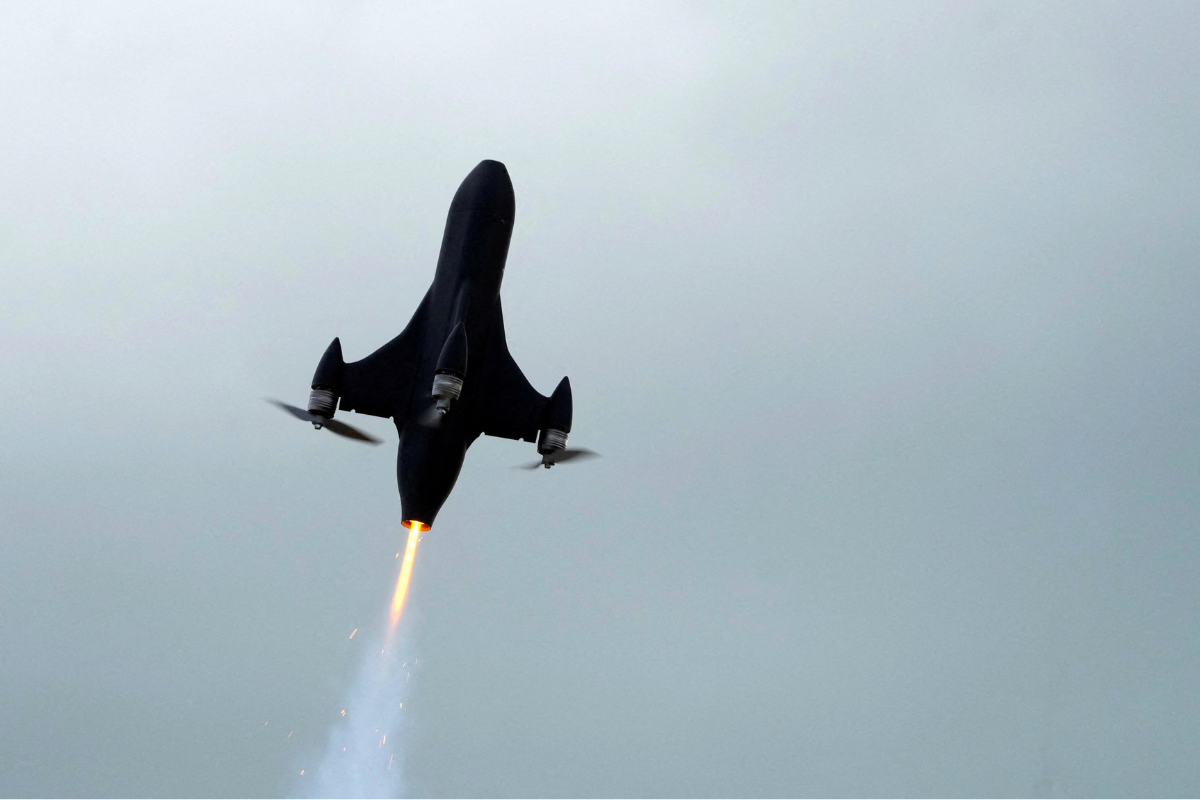 A DK Union interceptor drone flies near Viesite, Latvia, on May 26, 2026. (Ints Kalnins/Reuters)