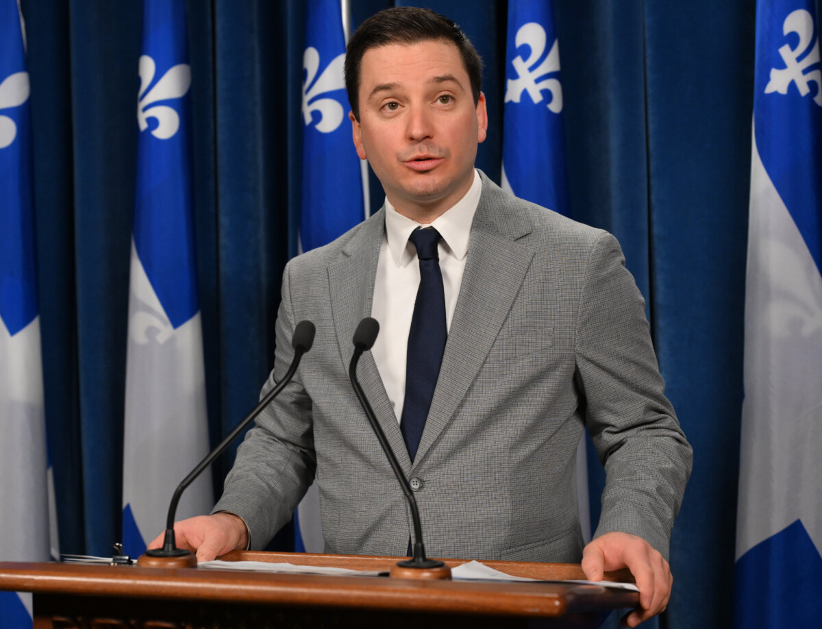 Quebec Government House Leader and Justice Minister Simon Jolin-Barrette speaks at a news conference at the legislature in Quebec City on April 1, 2026. (The Canadian Press/Jacques Boissinot)