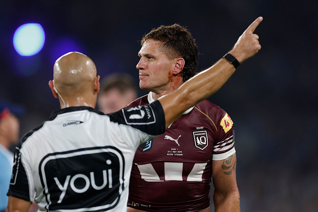 Kalyn Ponga of the Maroons is sent from the field by referee Ashley Klein after his tackle on Tolutau Koula of the Blues during game one of the 2026 Men's State of Origin series between New South Wales Blues and Queensland Maroons at Accor Stadium in Sydney, Australia on May 27, 2026. (Darrian Traynor/Getty Images)
