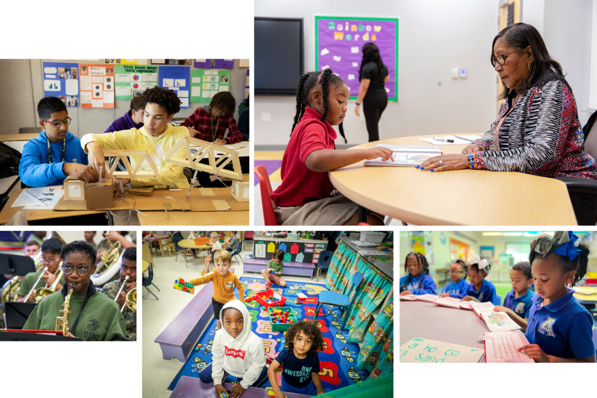 Students develop reading, science, music, and spatial skills at New Orleans charter schools in these file photos. New Orleans’ shift to an all-charter system was driven by efforts to address struggling public schools and low graduation rates after Hurricane Katrina devastated the city in 2005. (Courtesy of Louisiana Association of Public Charter Schools)