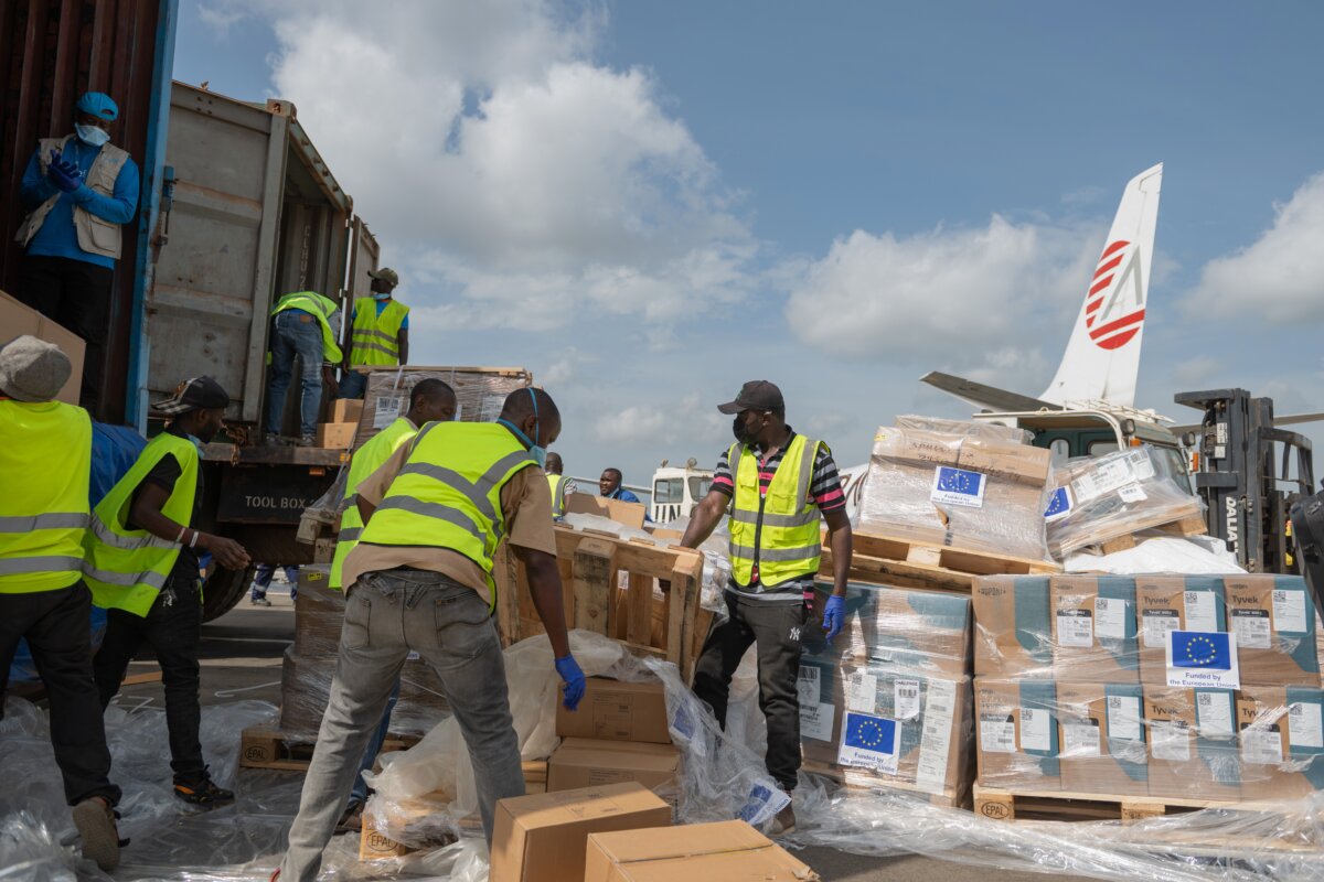 Workers offload medical and emergency supplies donated by the European Union to support frontline workers fighting Ebola at the national airport in Bunia, Democratic Republic of the Congo, on May 28, 2026. (AP Photo/Moses Sawasawa)