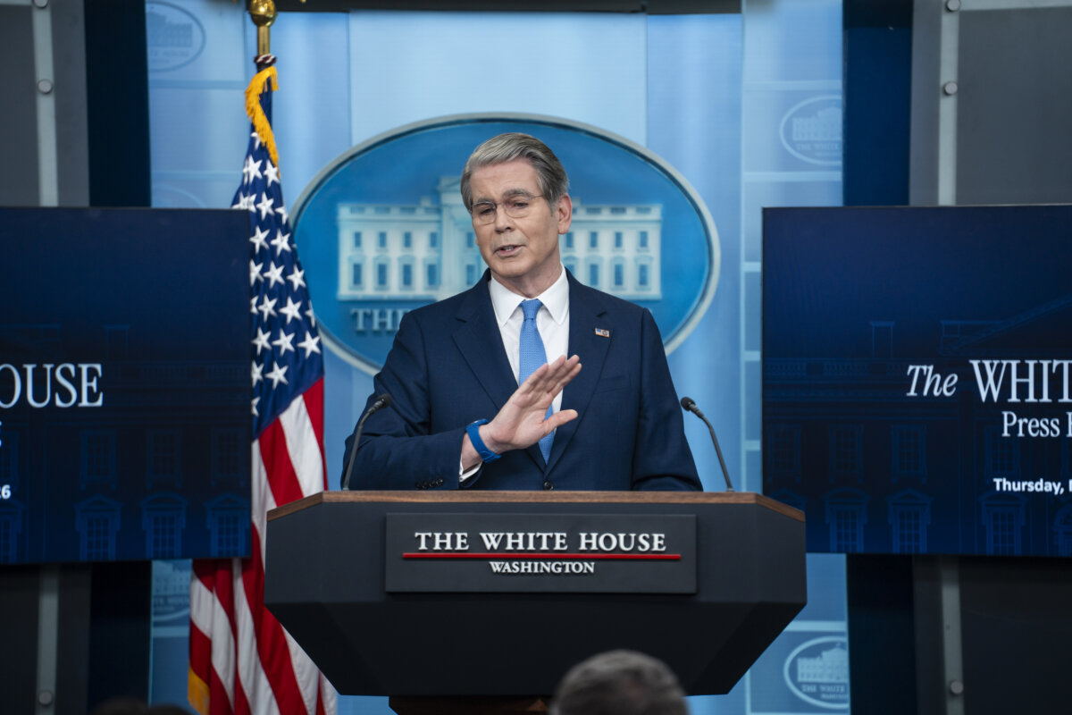 Treasury Secretary Scott Bessent speaks during a press briefing at the White House on May 28, 2026. (Madalina Kilroy/The Epoch Times)