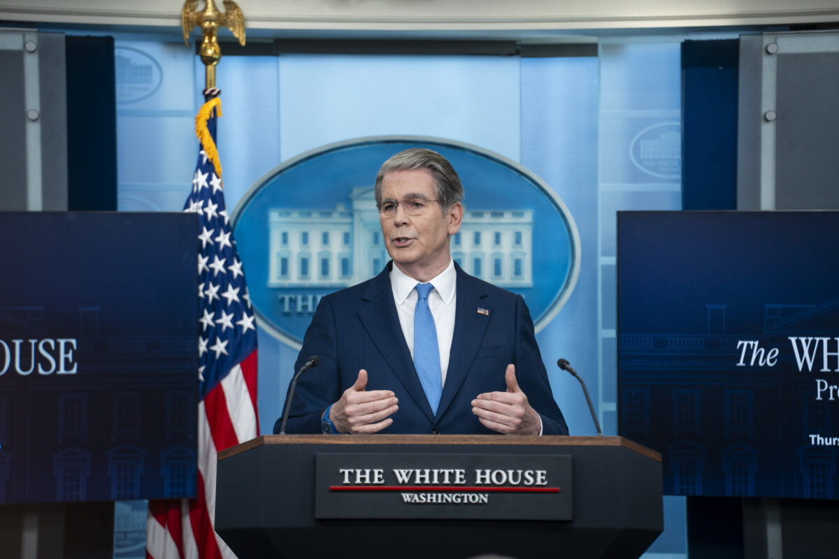 Treasury Secretary Scott Bessent speaks during a press briefing at the White House on May 28, 2026. (Madalina Kilroy/The Epoch Times)