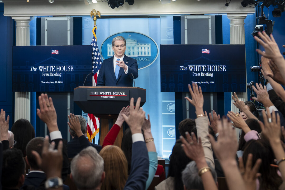 Treasury Secretary Scott Bessent speaks during a news briefing at the White House on May 28, 2026. (Madalina Kilroy/The Epoch Times)