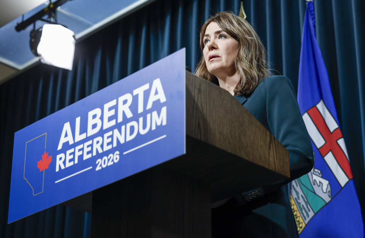 Alberta Premier Danielle Smith speaks during a news conference in Calgary, Alta., on May 22, 2026. (The Canadian Press/Jeff McIntosh)