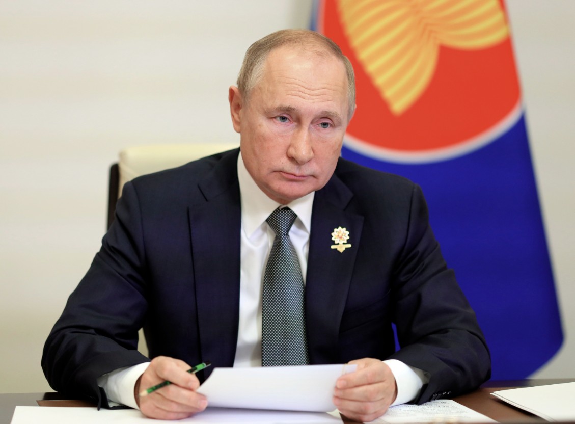 Russian President Vladimir Putin takes part in the Association of Southeast Asian Nations (ASEAN) summit via videoconference at the Novo-Ogaryovo residence outside Moscow on Oct. 28, 2021. (Evgeniy Paulin/Sputnik, Kremlin via AP)