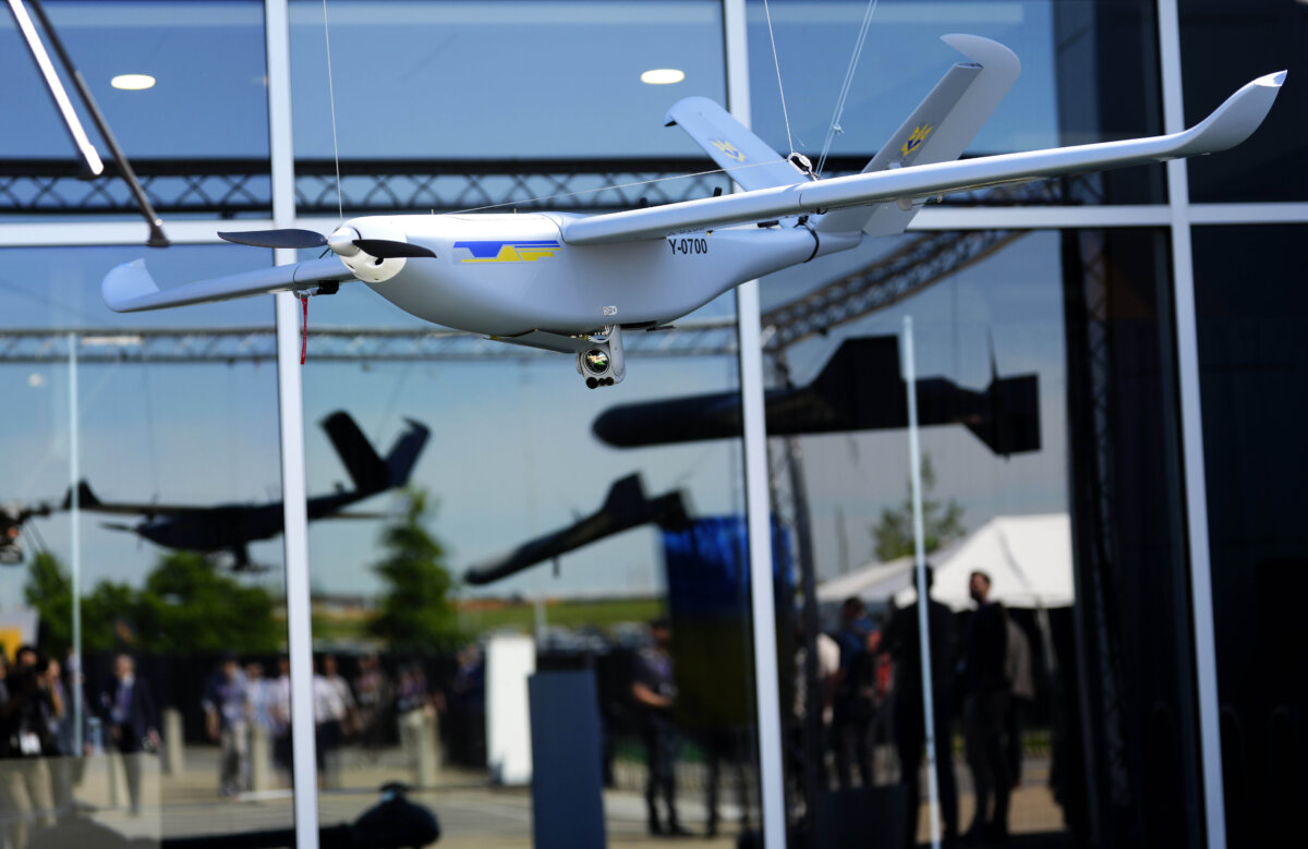 File photo — Airlogix's GOR UAV is displayed as people arrive at the Canadian Association of Defence and Security Industries annual defence industry trade show CANSEC, in Ottawa, on May 28, 2025. (The Canadian Press/Justin Tang)
