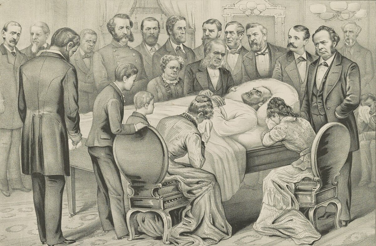 Depiction of First Lady Lucretia Garfield at her husband's deathbed. (Public Domain)