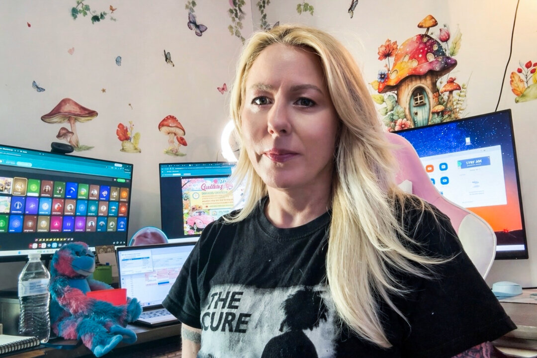 Decima Davis, 51, poses in front of computer screens she uses for her work and for her role as president of Quitting Kratom Support—There is A Way Out, a quitting-kratom support group, at her home in Mississippi. Davis said after she started taking kratom, a tropical plant often billed as a healthy pick-me-up, she couldn't stop. (Courtesy of Decima Davis)